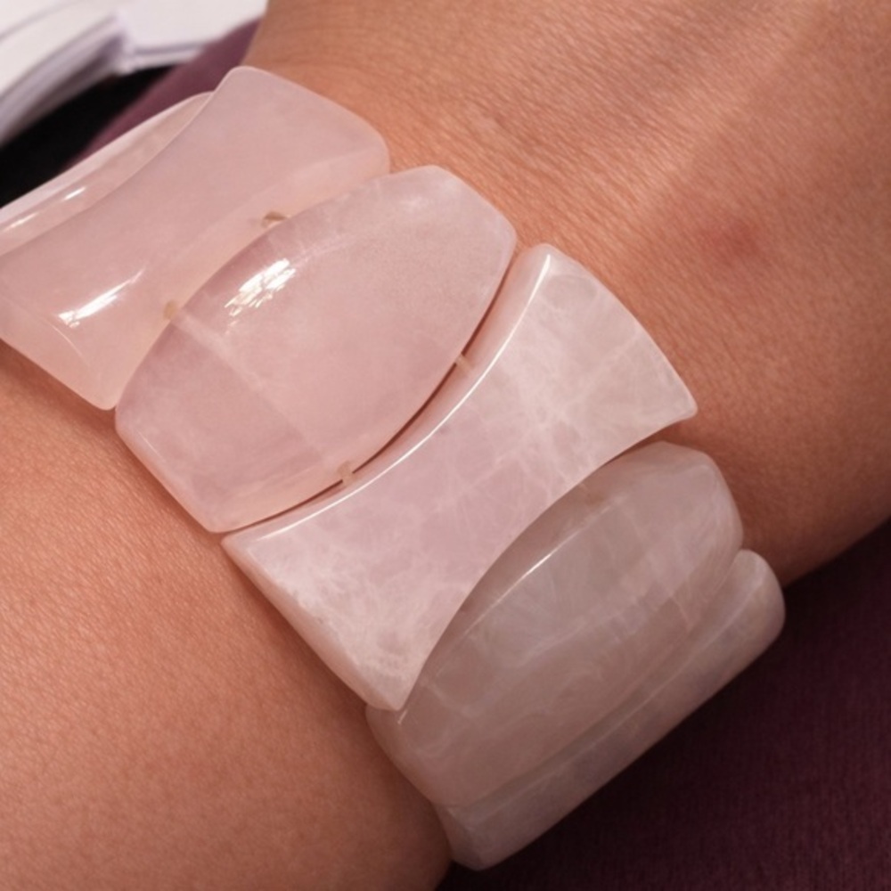 Soft Pink Rose Quartz Bracelet – Modern Geometric Links Chunky Statement L #582